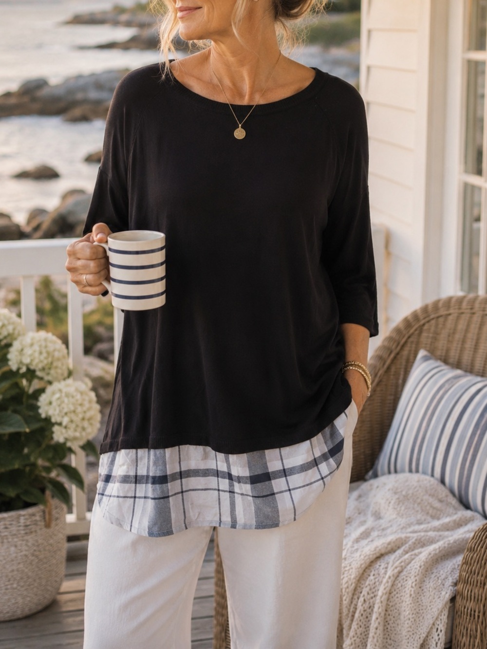 Coupe Collection Black Blue Plaid Layered 3/4 Sleeve Sweater Blouse L Coastal